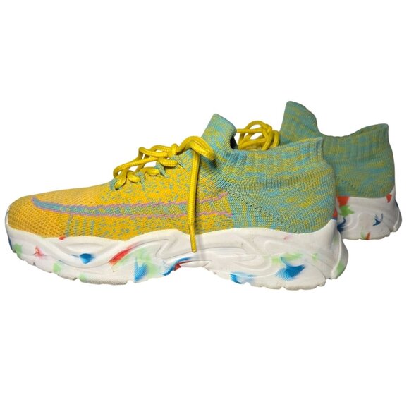 Yellow Teal Speckled Sole Knit Lace Up Slip On Sock Athletic Sneakers Size 38 - Picture 5 of 7